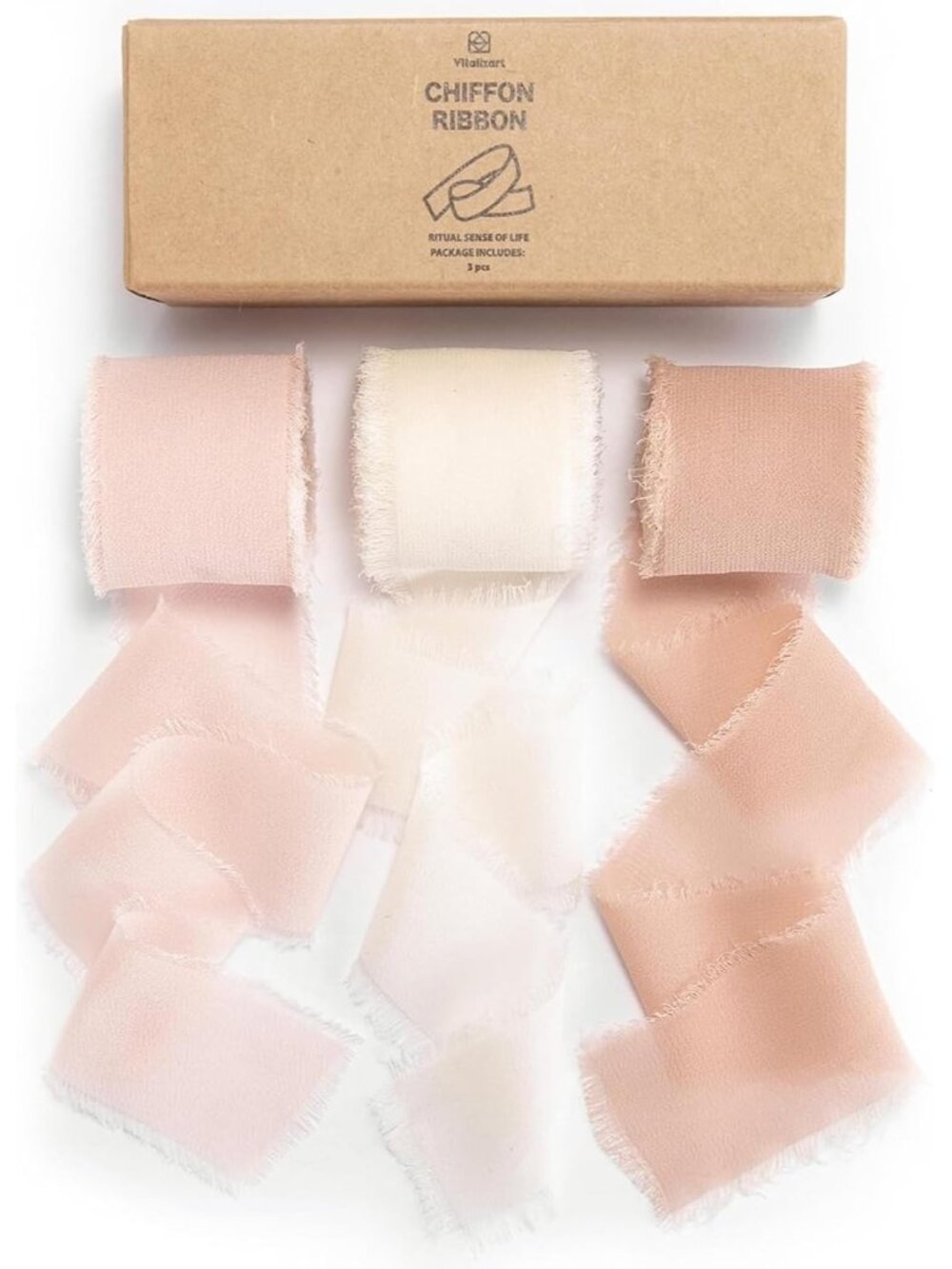 Handmade Chiffon Silk Ribbon 1.5" x 21 Yd Pink & Cream Frayed